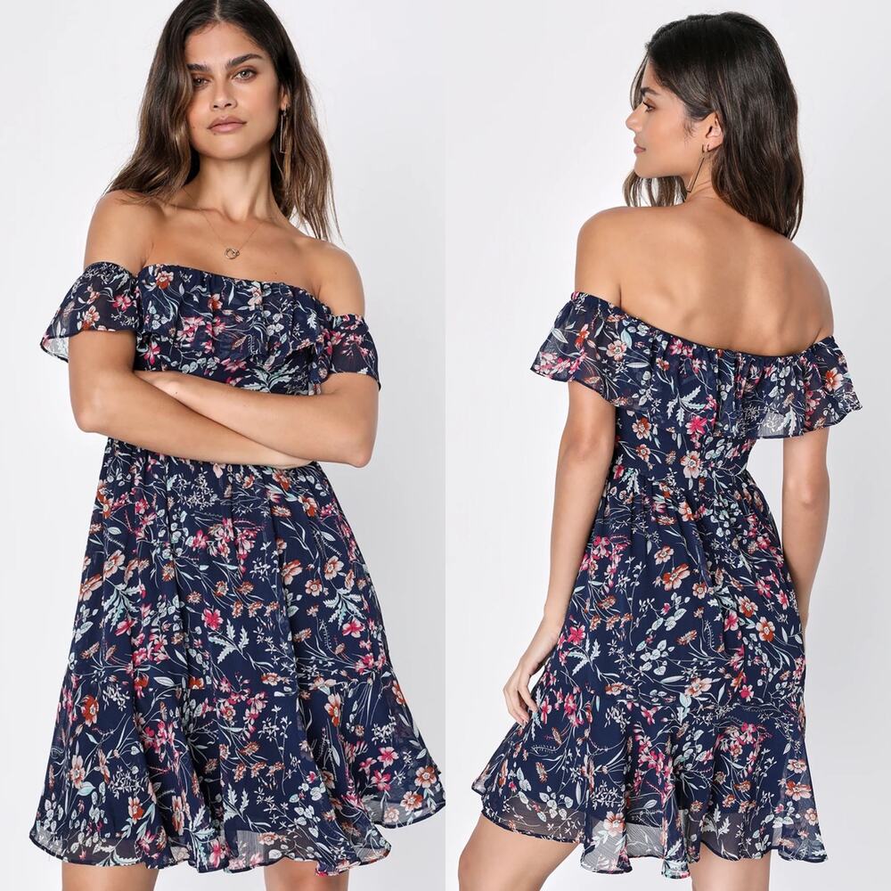 Lulus My Favorite Navy Blue Floral Print Off-the-Shoulder Dress